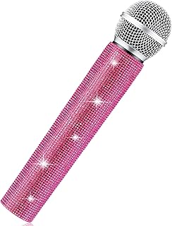 Sanwuta Fake Microphone Prop Sparkly Bling Rhinestones Plastic Play Microphone Pretend Glitter Bedazzled Mic for Cosplay Party Costume(Pink) - Buy now