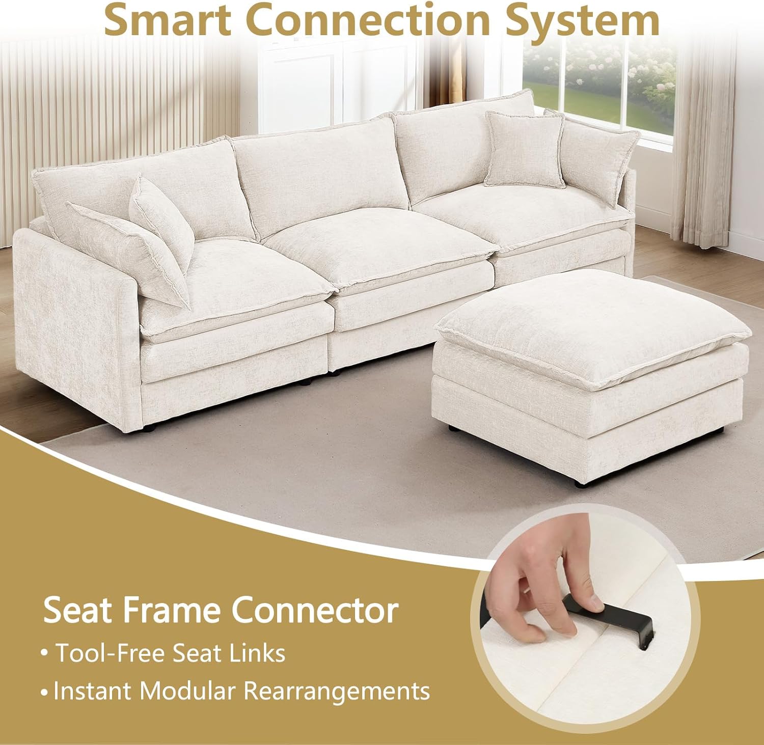 GNIXUU 102" Modular Sectional Sofa, L Shaped Cloud Couch with Movable Ottoman & 4 Pillows, Deep Seat Chenille 4 Seater Sectional Couches for Living Room, Apartment (Beige)