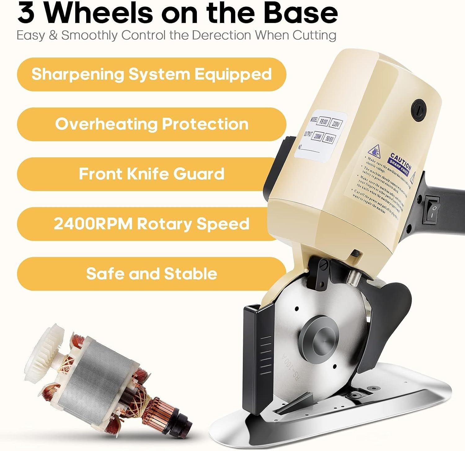 Electric Rotary Fabric Cutter - 250W Slitting Machine with 100Mm Rotary Blade and Automatic Sharpener for Multi-Layer Textiles and Carpet