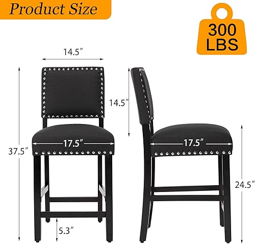 Miniatura 3 de LSSBOUGHT Taburetes de bar tapizados de tela de lino con patas de madera de goma, silla de bar con ribete clavado para isla de cocina (negro, 2