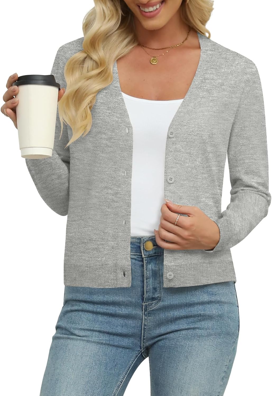 Womens Soft Cropped Cardigan Knit Casual Lightweight Shrug Sweater Tops - Image 2