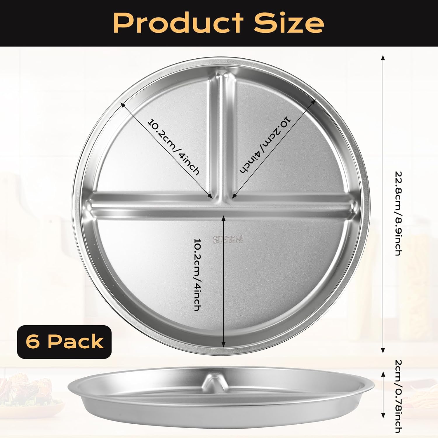 6 Pcs Stainless Steel Toddler Plates, 9 Inch Circular Portion Control Plate, Reusable Plate, Portion Control Divided Metal Plates for Balance Lunch, Picnic, Home, Camping, Dishwasher Safe