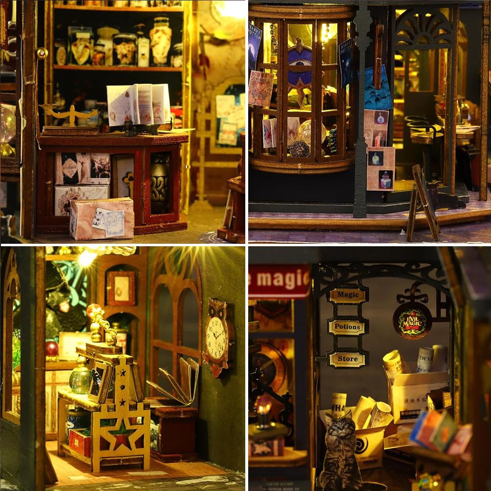 Miniaturowy domek dla lalek DIY z osłoną przeciwpyłową i misic, miniaturowy zestaw domku dla lalek, skala 1:24, magiczny domek dla lalek, kreatywny pomysł na pokój dla dorosłych