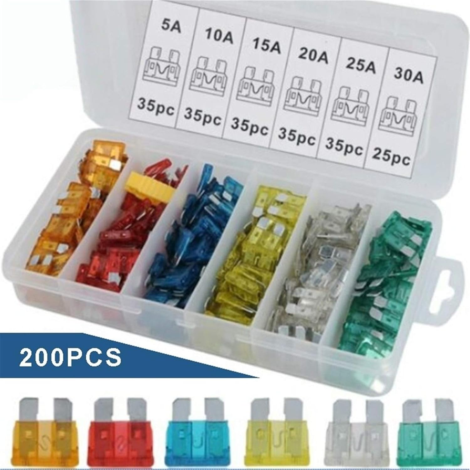 TMP1105 Durable 200pcs/set Assorted Mixed Middle Flat Automotive Fuse Set Auto Blade Car Fuse 5A 10A 15A 20A 25A 30A for Car Bike Truck