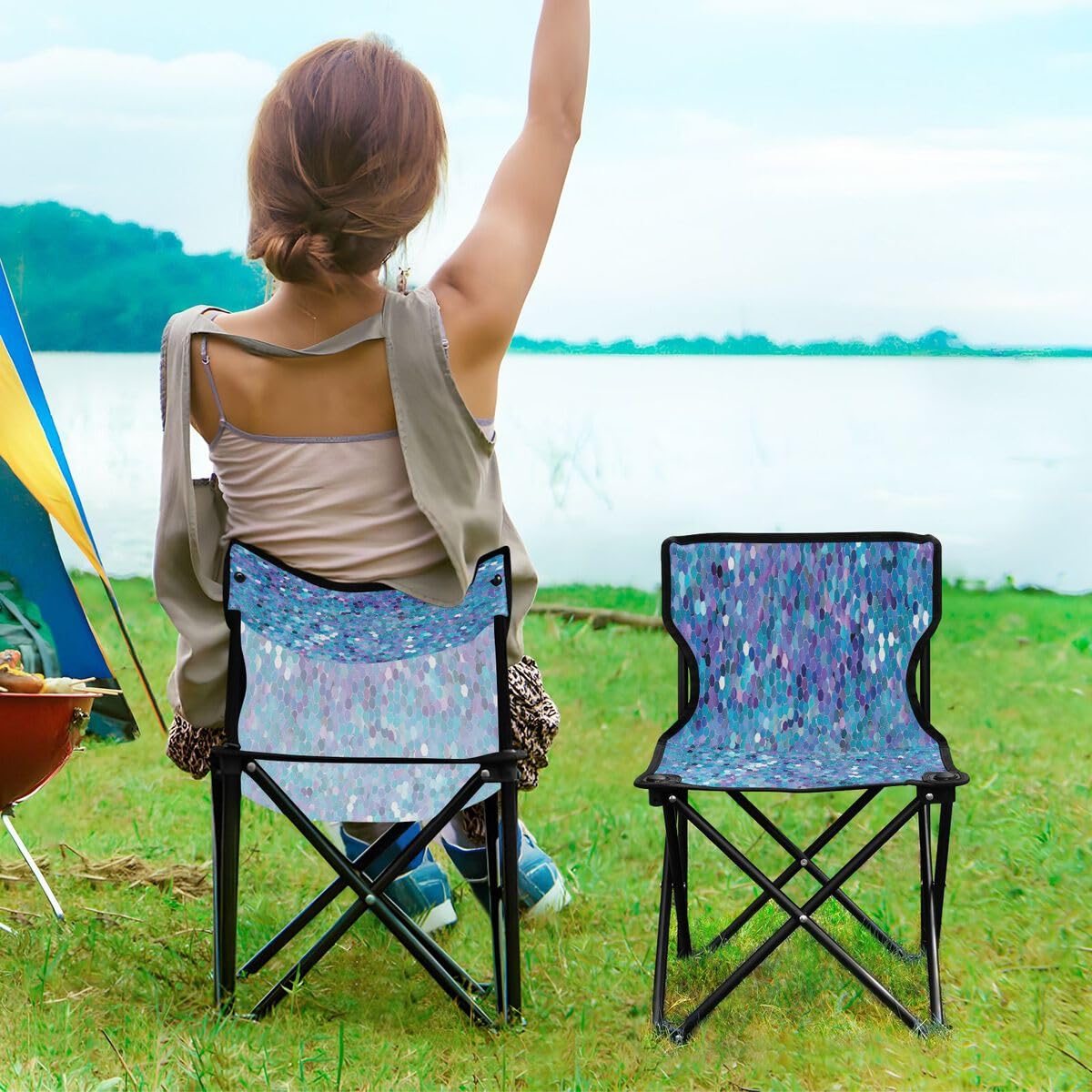 Sedia da campeggio pieghevole con paillettes blu per adulti e bambini, sedia pieghevole leggera adatta per esterni. Sedie per spiaggia, prato, campeggio, pesca e giardino