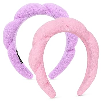 Spa Headbands for Women - Skincare and Make Up Hair Band, Terry Cloth Face Wash Headband - Pink, Purple, Puffy - for Girls