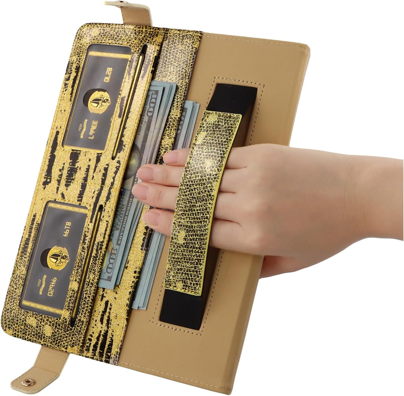 Glitter Case for iPad 2025 (A16) 11-inch/iPad 10th Generation, Techcircle Crossbody Folio Stand Card Holder Pencil Pocket Protective Cover with Hand Strap+Shoulder Strap, Gold