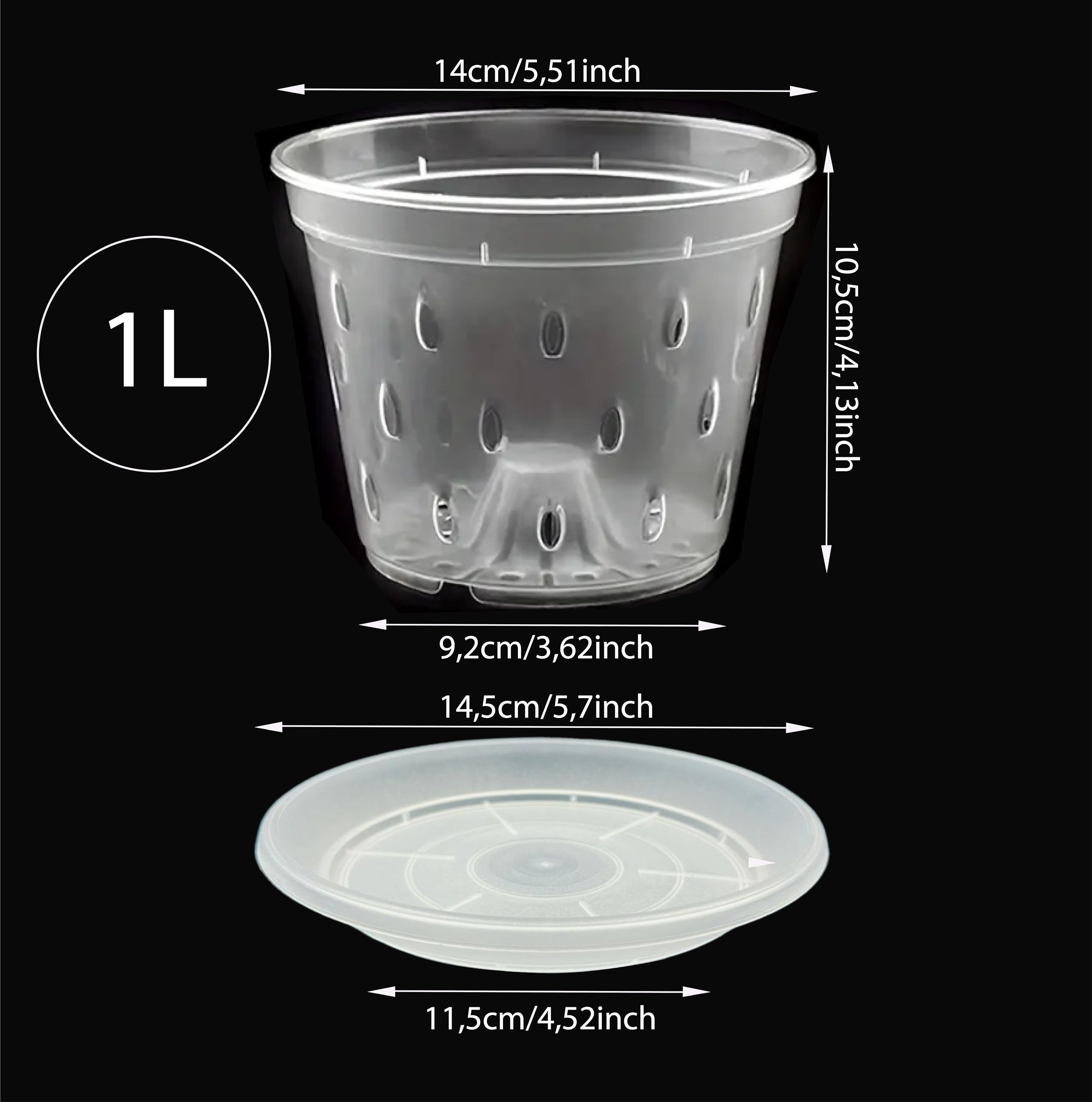 Garten lux Set of 14 Transparent Orchid Pots with Drainage Hole Diameter 14 cm 1 L and 14 Pieces Saucers Plastic Plant Pots Flower Pots for Orchids for Indoor Use - Image 2