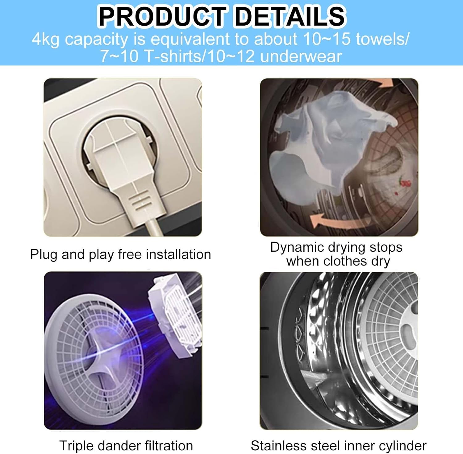 Product details showing power plug, dynamic drying, triple filtration, and stainless steel inner cylinder