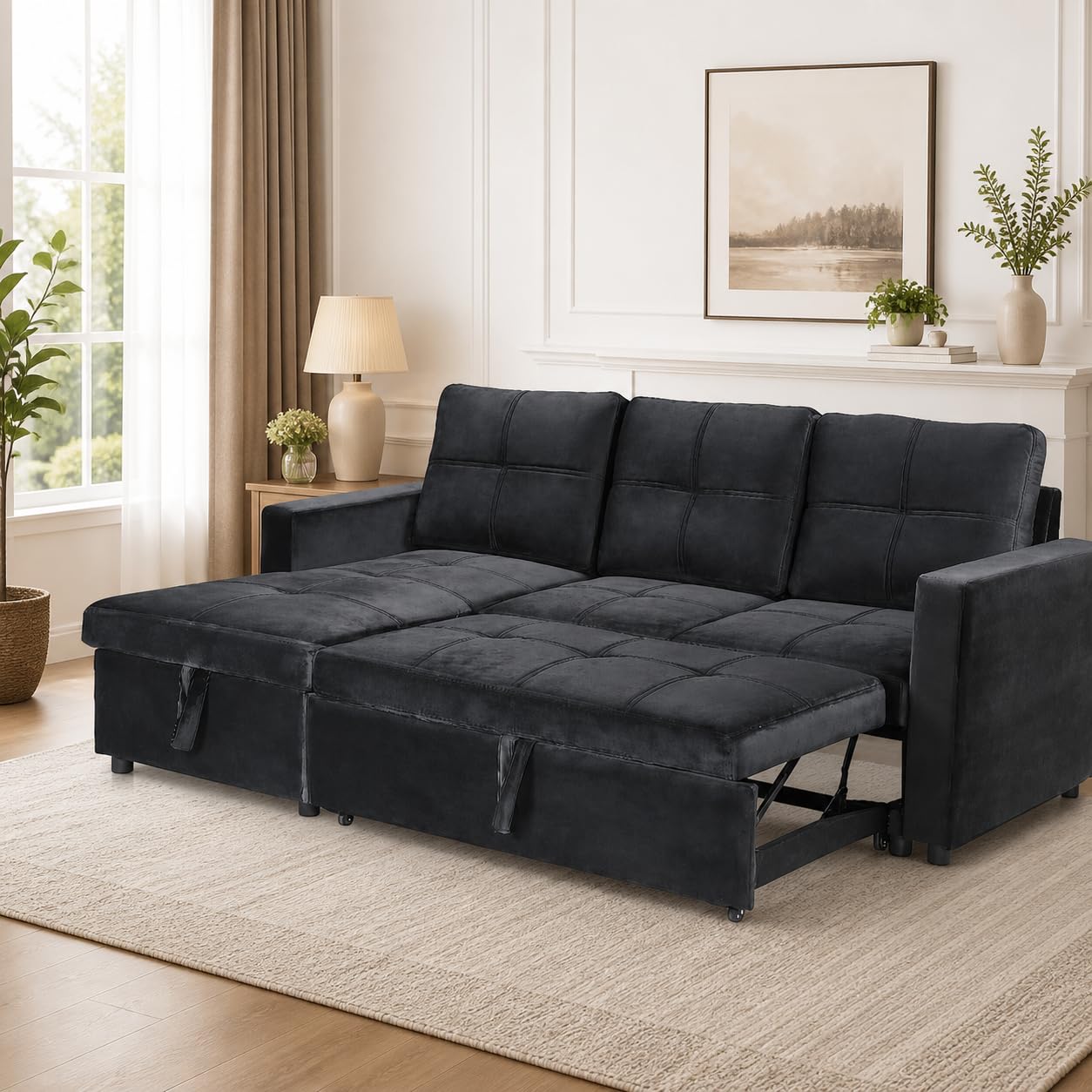 Sofá Cama Chaise Longue BOGA 3 Plazas Negro Terciopelo 215 x 135 cm - Cheslong Reversible con Arcón y Almacenamiento - Sistema de Arrastre - Tapizado Elegante - Armazón Pino Macizo - Salón