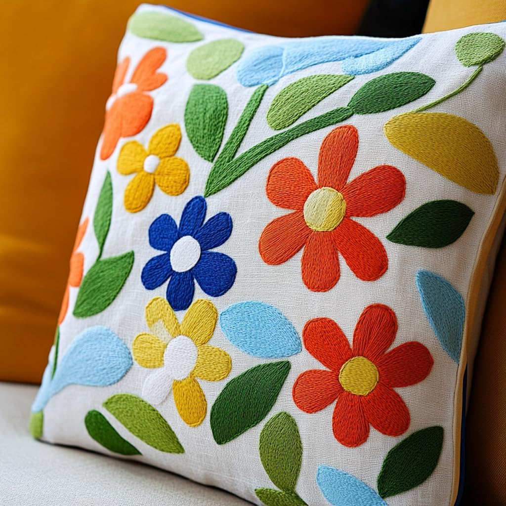 DIY Punch Needle Pillow Kit Daisy Flowers and Green Leaves with Pattern and Hoop Handmade Embroidery Punch Needle Starter Pillowcase Set for Home Sofa Decor 43x43cm-1-1