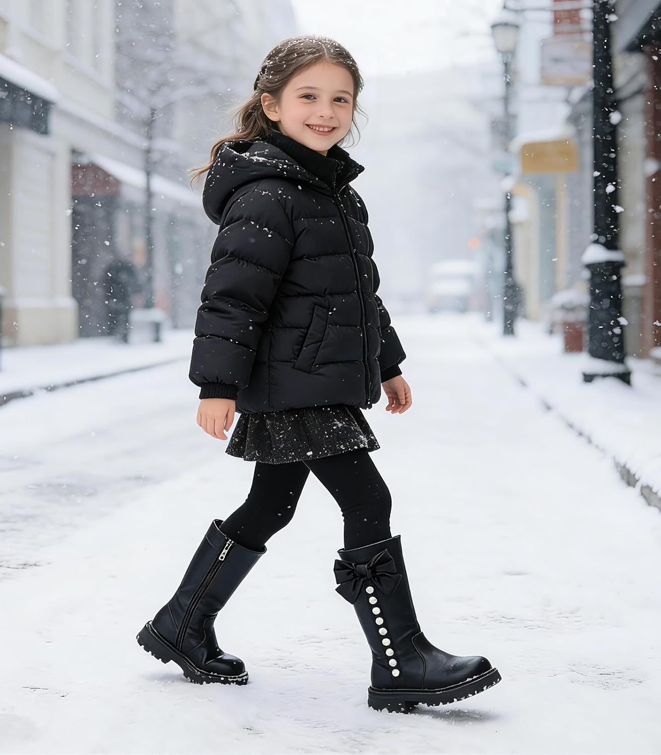DADAWEN Girls Faux Fur Lined Knee High Boots Fashion Bow Pearl Side Zipper Winter Tall Riding Boots for Toddler/Little Kid/Big Kid