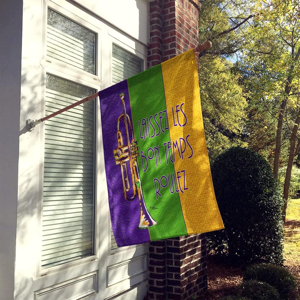 Caroline's Treasures 8372CHF Trumpet Mardi Gras Laissez la bonne Temps Rouler House Flag Large Porch Sleeve Pole Decorative Outside Yard Banner Artwork Wall Hanging, Polyester, House Size, Multicolor