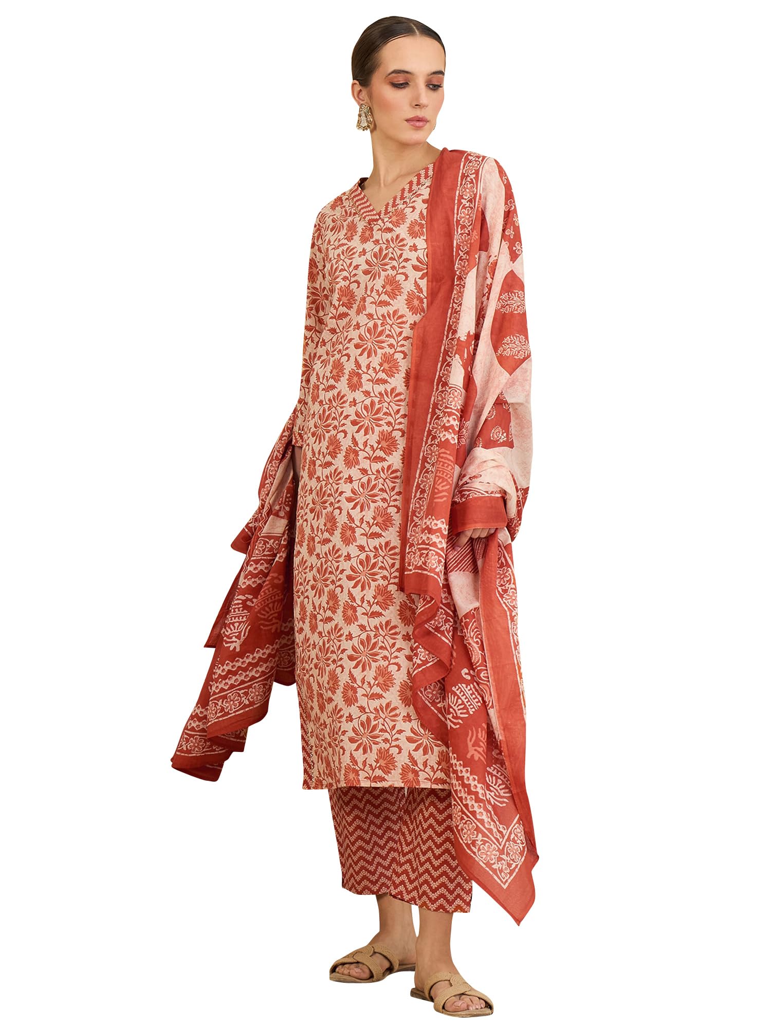 Women's Rust Printed Pure Cotton Straight Kurta & Pant with Dupatta Set (IESTR6408)