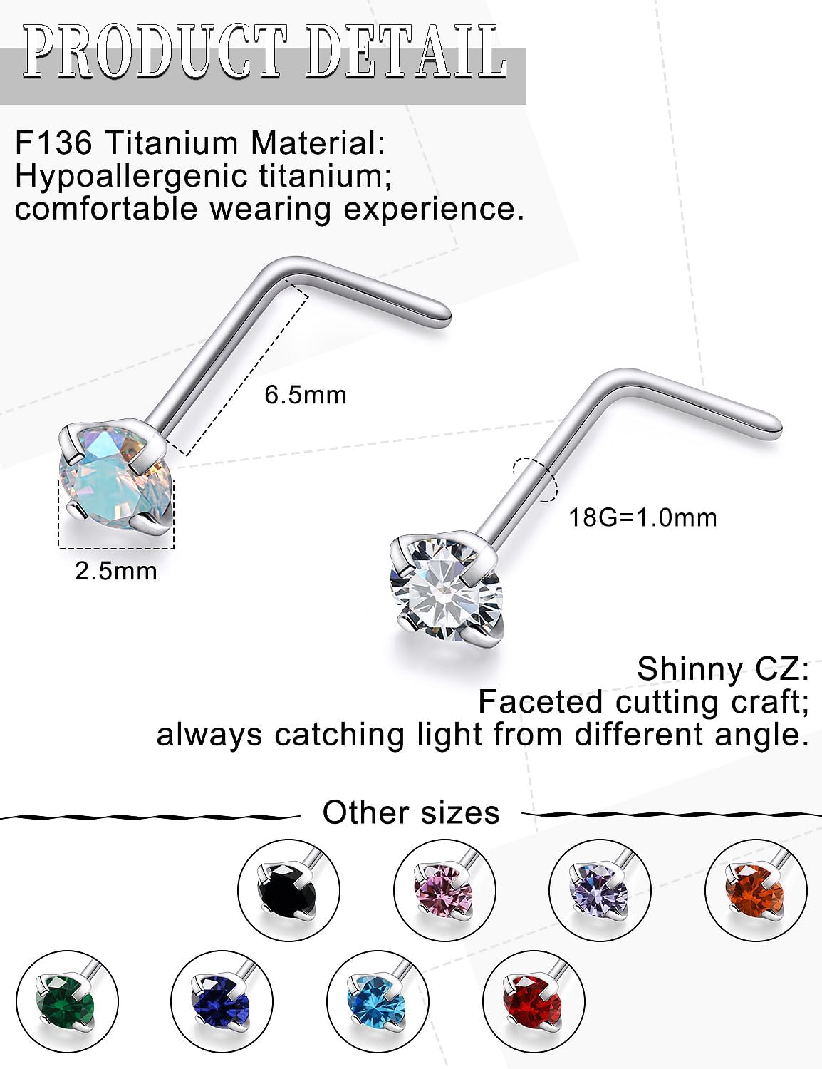 18G 20G 22G Astm F136 Titanium Nose Rings Studs Piercing Jewelry for Women Men Cubic Zirconia Nose Rings Nostril Piercing Jewelry Clear CZ 1.5mm 2mm 2.5mm 3mm 10PCS - Image 3