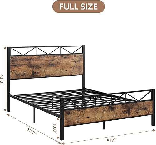 Miniatura 14 de GAOMON Base de cama tamaño Queen, marco de cama de plataforma de metal con cabecera y estribo de madera rústica vintage, sin ruido, fácil montaje,