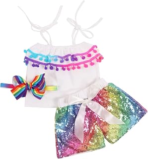 ANATA Baby Girls Sequin Shorts Outfits Kids Sparkle Toddler Rainbow Shirt Tops Glitter on Both Sides Shorts Outfits with H... Price In India