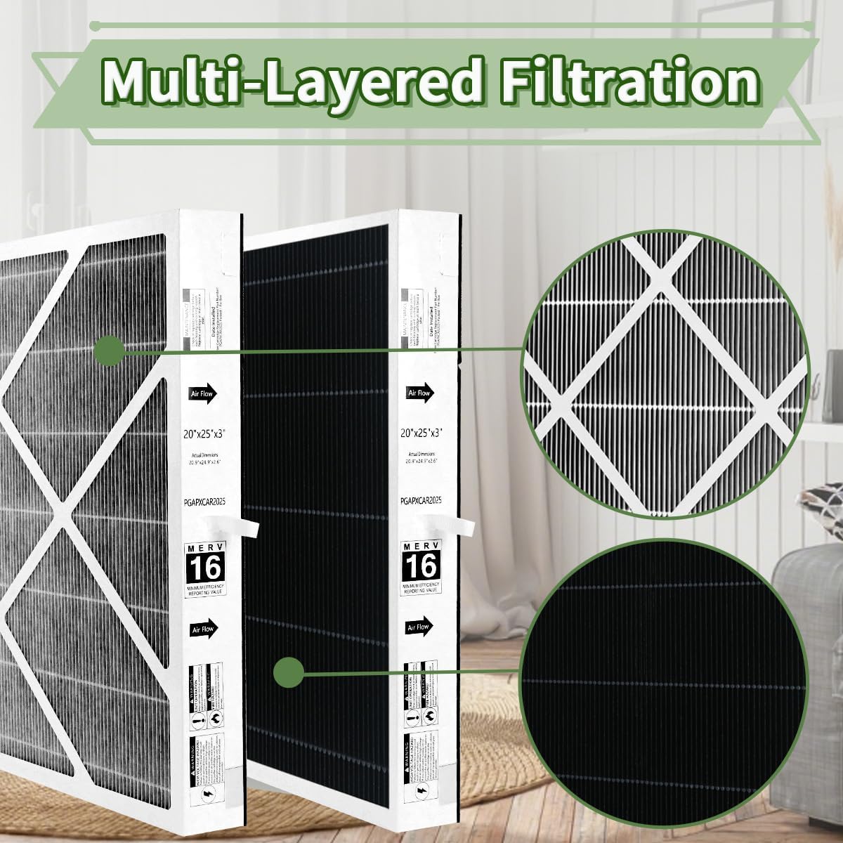 PGAPXCAR2025-A02 MERV16 Air Filter for Bryant/Carrier Air Purifier Cartridge, 20x25x3in Air Filter for Bryant/Carrier PGAPXCAR2025, AGAPXCAR2025, PGAPAXX2025, PGAPXCAR2025-A01, Tin Foil Sheet, 2 Pack