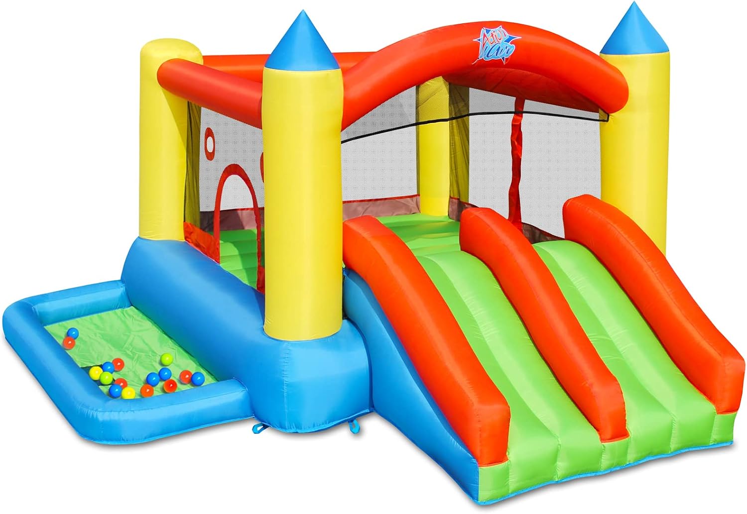 ACTION AIR Bounce House, Double Slides Bouncer with Blower and Ball Pool, Inflatable Bouncy House for Kids Backyard, Durable Sewn with Extra Thick Material