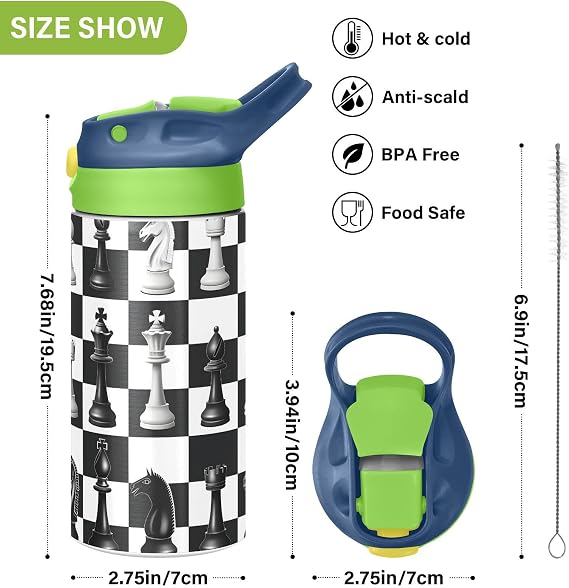 Black White Buffalo Plaid Chess Kids Water Bottle with Straw Lid Insulated Tumbler with Handle Stainless Steel Reusable Toddlers Cup for Kids Boys 12 oz