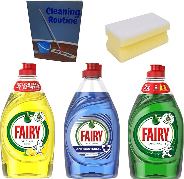 Aparatoo Fairy Liquid pack of 3 with Non Scratch Scourer, Fairy Washing up Liquid Original 383ml, Fairy Lemon 383ml, Fairy Eucalyptus 320ml Includes cleaning routine log book