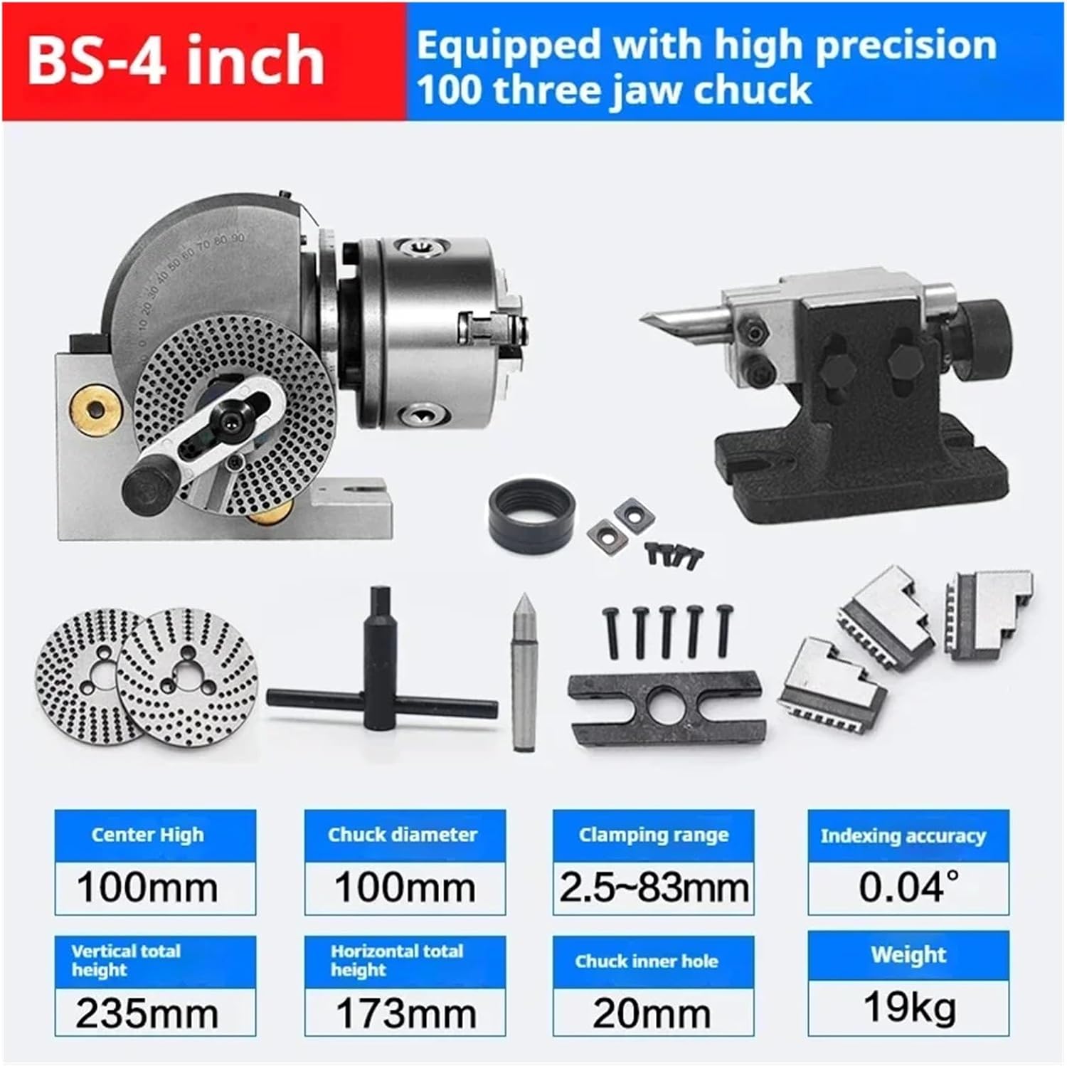 Universal 4-Inch Indexing Head for Milling Machines Dividing Head 3-Jaw Chuck Cnc Rotary Axis (Withtailstock)