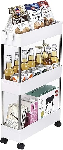 Miniatura 5 de Carrito utilitario de plástico de 3 niveles con ganchos, carrito de almacenamiento delgado multifuncional para el hogar, baño, oficina, sala de