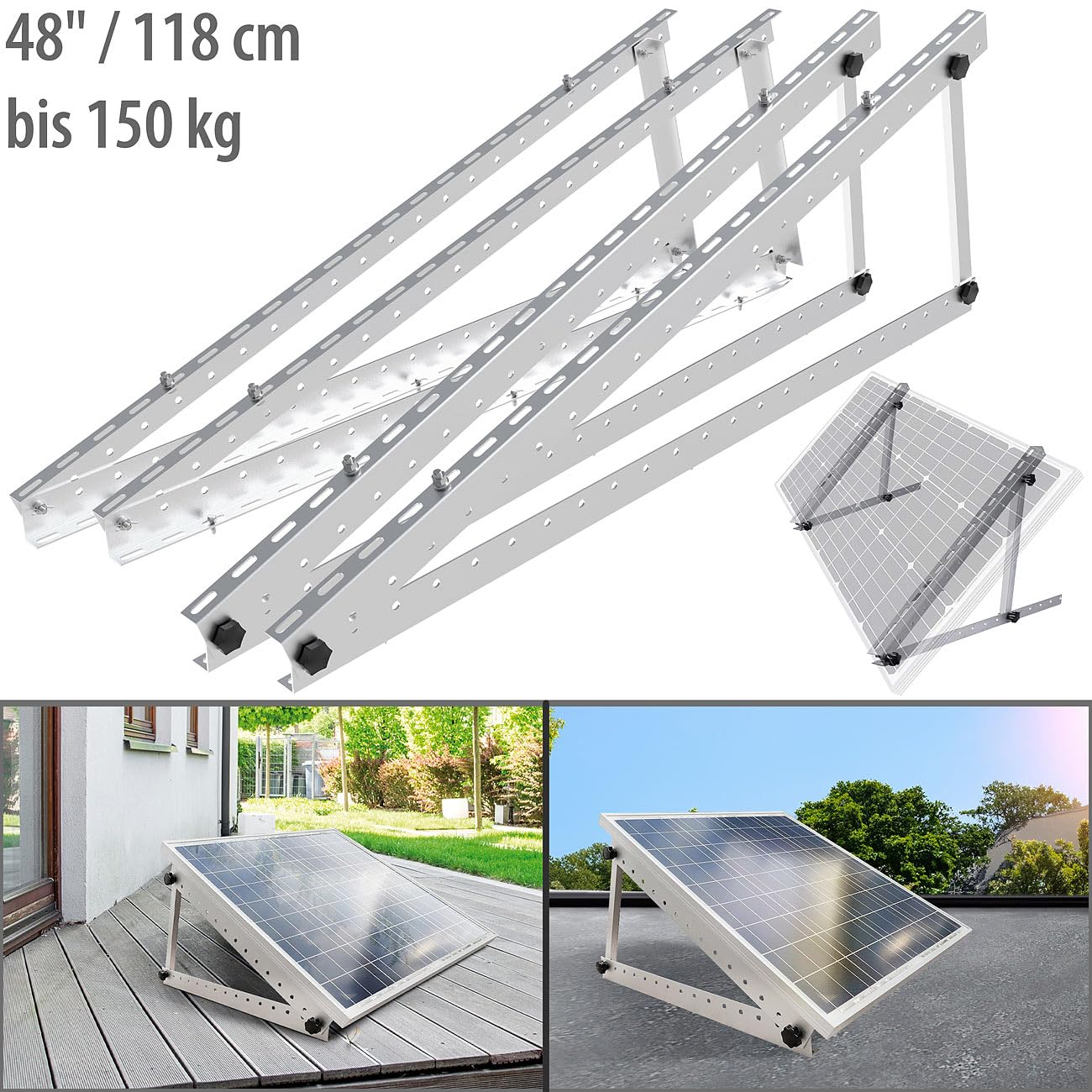 revolt Solar Wandhalterung: 2er-Set Verstellbare Aluminium-Solarpanel-Halterung, 48" / 118 cm (Wandhalterung Photovoltaik, Photovoltaik Halterung Wand, PV)