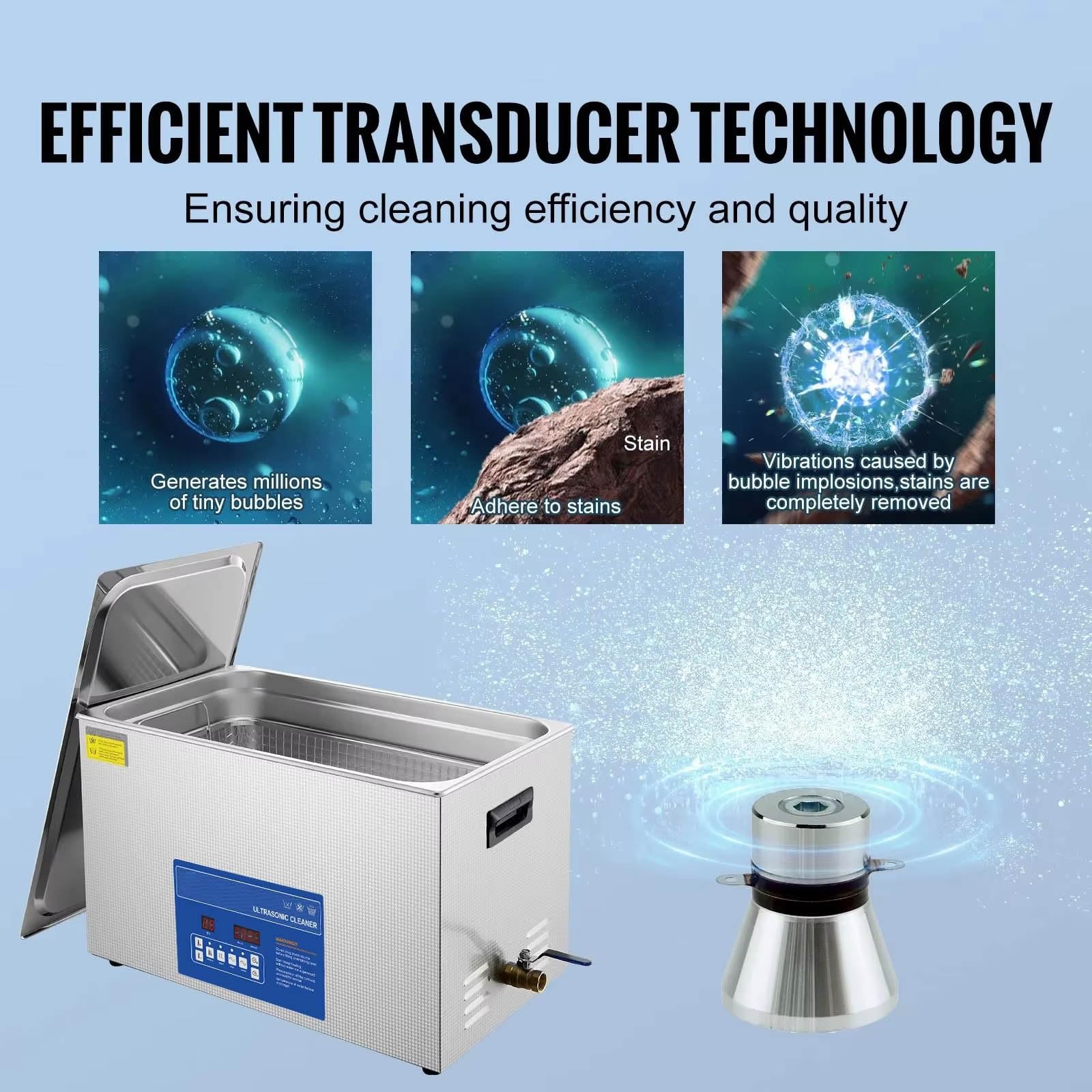 Nettoyeur à ultrasons industriel, chauffage 0-80 ℃ et minuterie numérique 1-30 minutes, acier inoxydable avec transducteur, adapté aux circuits imprimés matériels(3.2L)