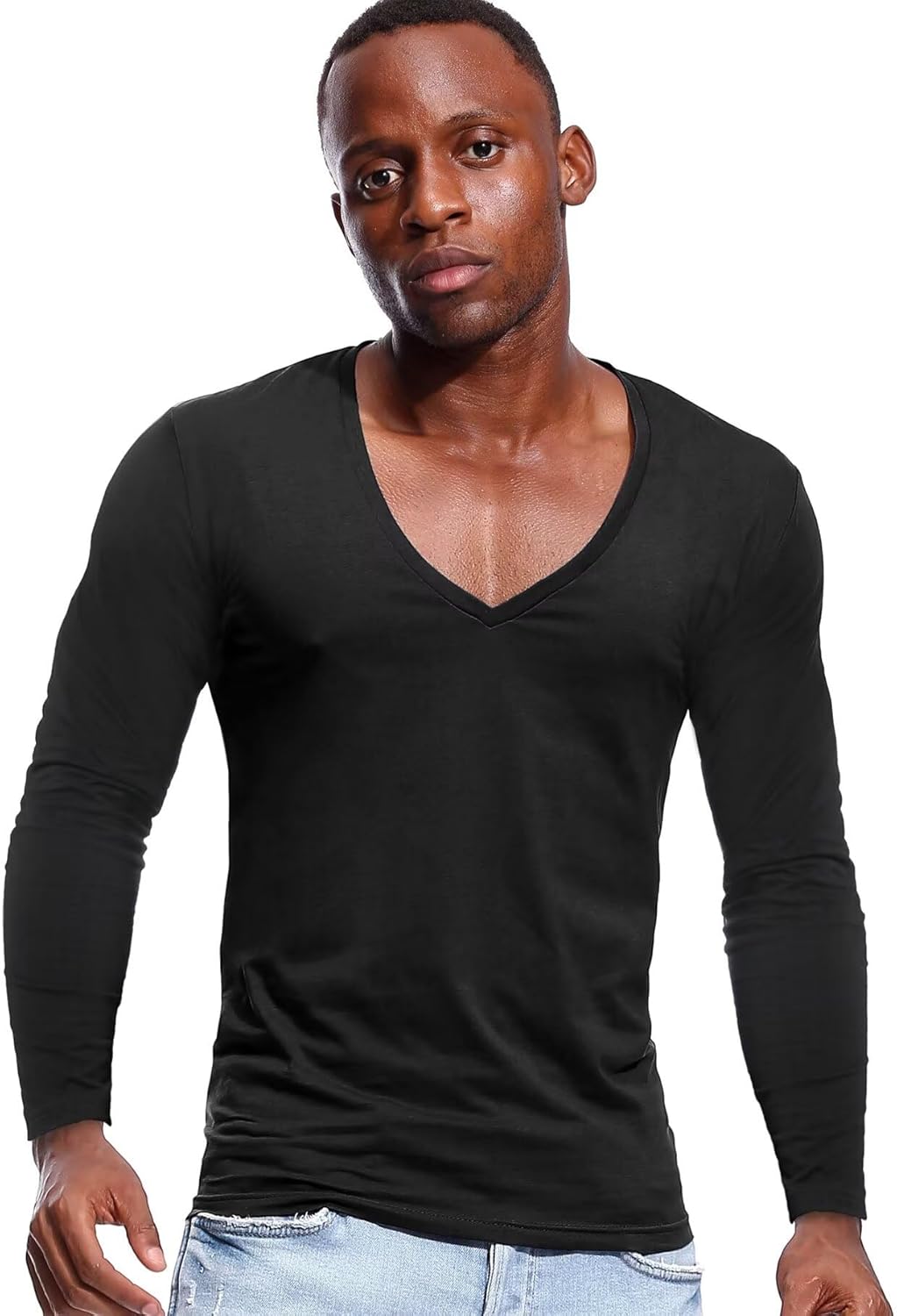Deep V Neck Shirts Men Long Sleeve Stretch T-Shirt Low Cut Undershirts Tees