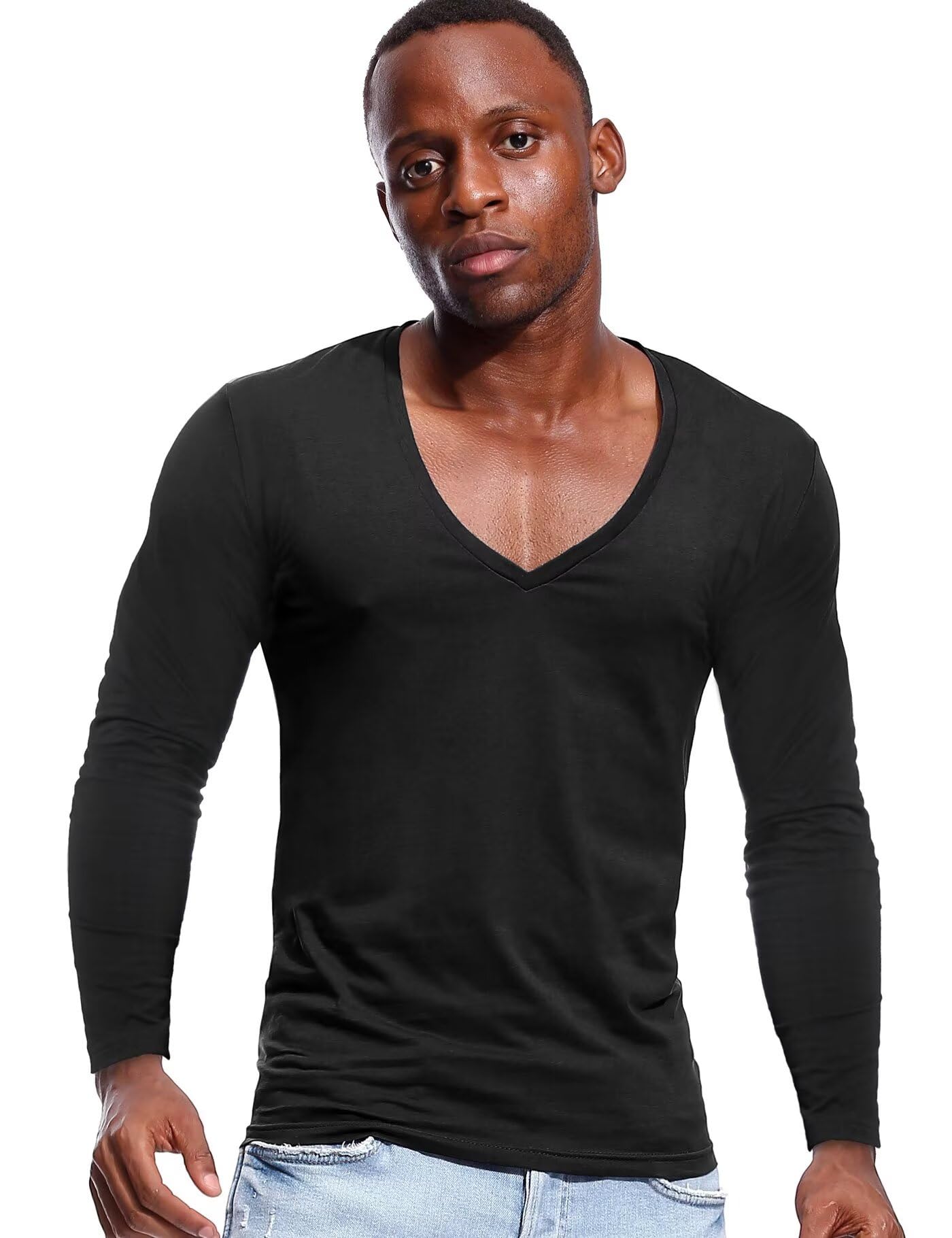 Deep V Neck Shirts Men Long Sleeve Stretch T-Shirt Low Cut Undershirts Tees