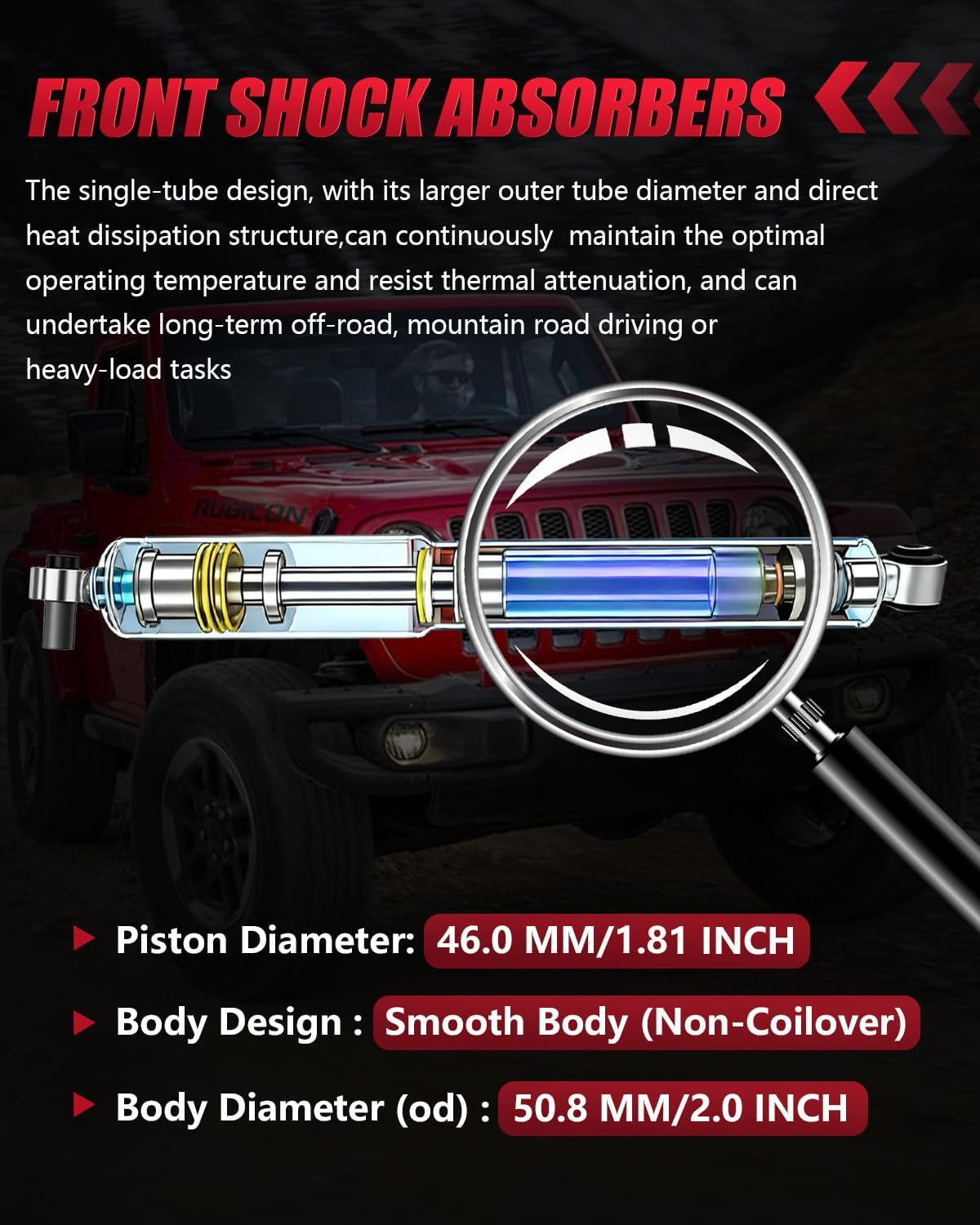 Monotube Gas Front Shock Absorbers, Heavy Duty Front Struts Complete Assembly for 0–1.5" Lifted Suspension Compatible with 2018–2024 Jeep Wrangler JL – 2PCS
