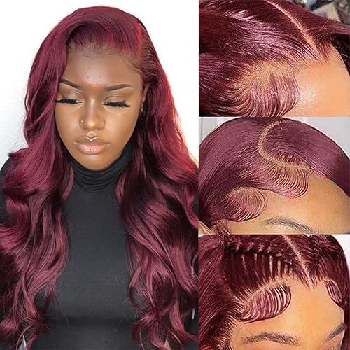 Miniatura 28 de 99J - Pelucas de cabello humano con encaje frontal transparente HD de 13 x 6 pulgadas, color burdeos, para mujer, densidad del 180%, color rojo
