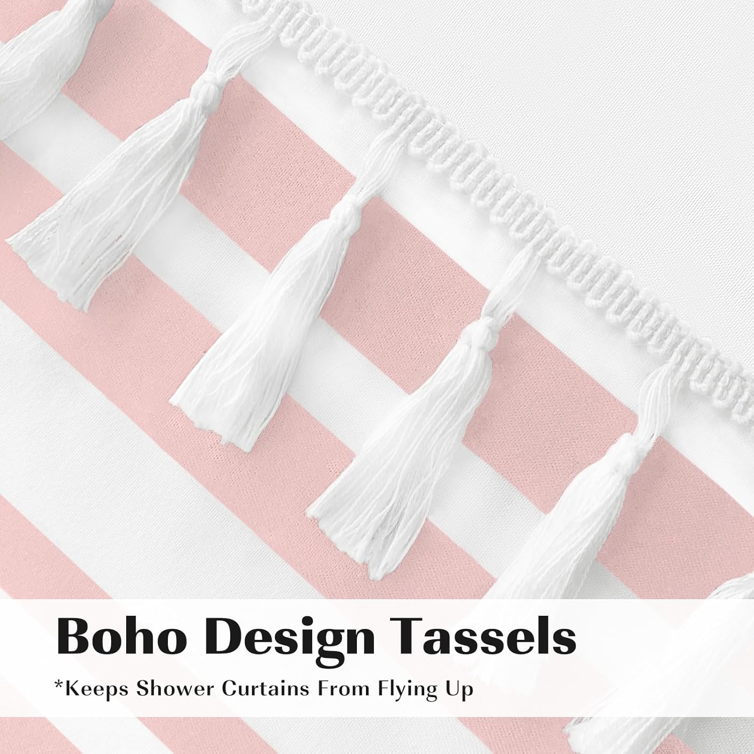 Seasonwood Shower Curtain Tassel, Modern Farmhouse Tassel Pink Striped Shower Curtain with Tassels for Bathroom Decor, 72x72