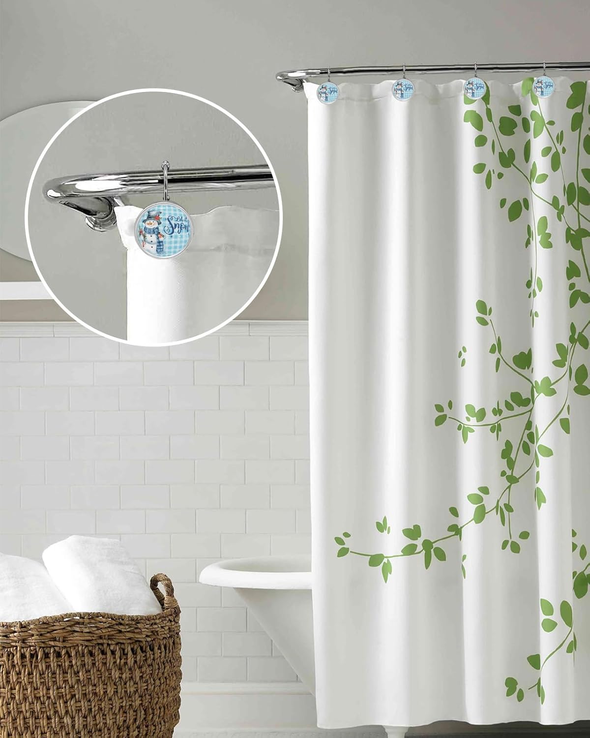Snowman Shower Curtain Hooks, Christmas Snowman Blue Buffalo Plaid Xmas 12PCS Shower Curtain Hooks Rings for Bathroom Stainless Steel Rust Resistant Shower Curtain Hangers