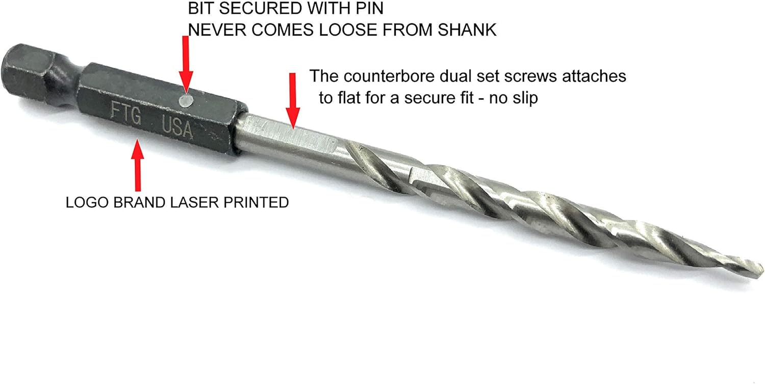 FTG USA Wood Countersink Drill Bit Set #6#8#10 Set Countersink HSS M2 Tapered Drill Bits, Quick Change Hex Shank Countersink Bit, 1 Stop Collar, 1 Allen Wrench, 6 Storage Containers for Countersinks