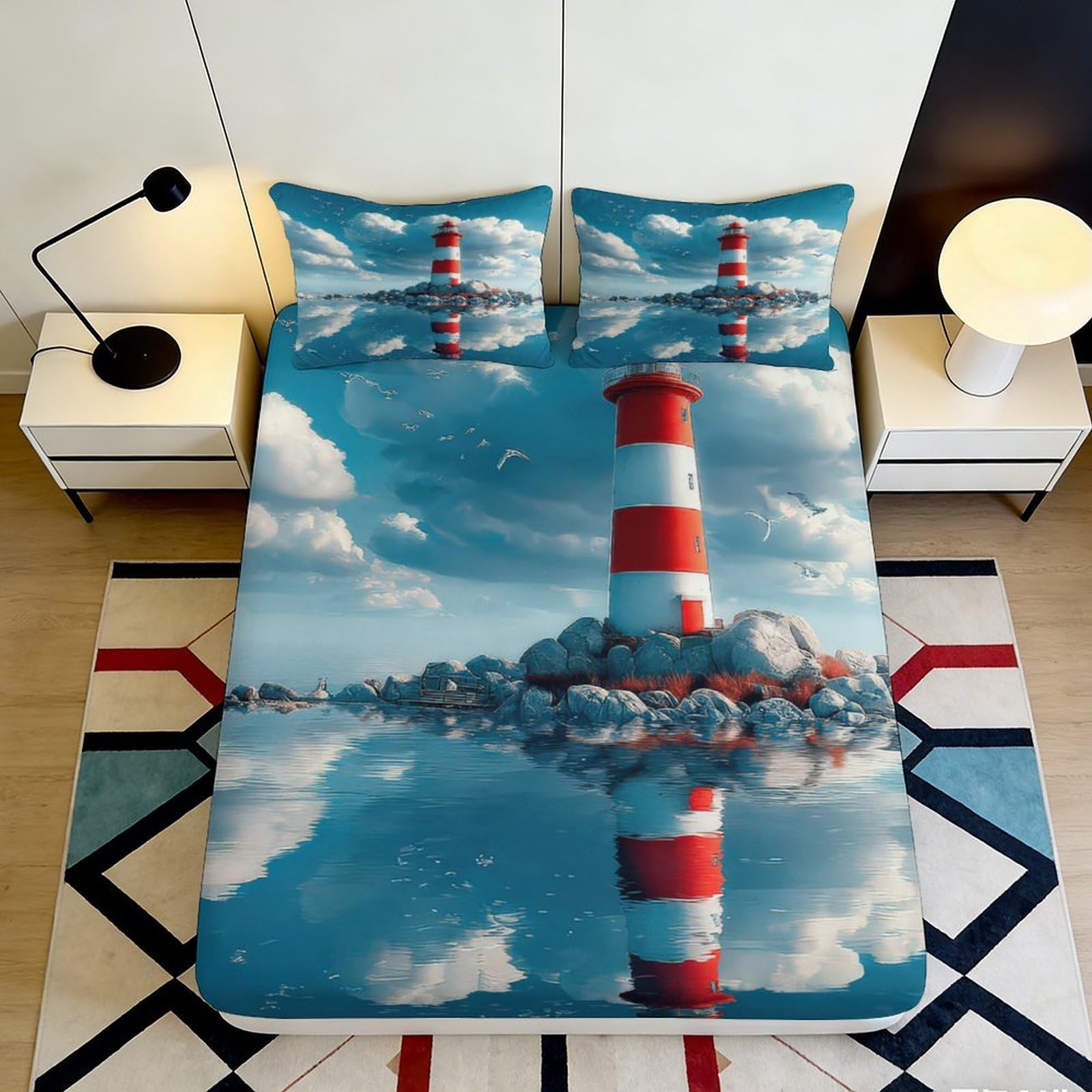 Pnayamiorkfel Style-7 3D Printed Lighthouse Ocean Fitted Sheet Microfiber Anti-Slip Bed Cover Bedroom Decor Machine Washable 90X200x25cm