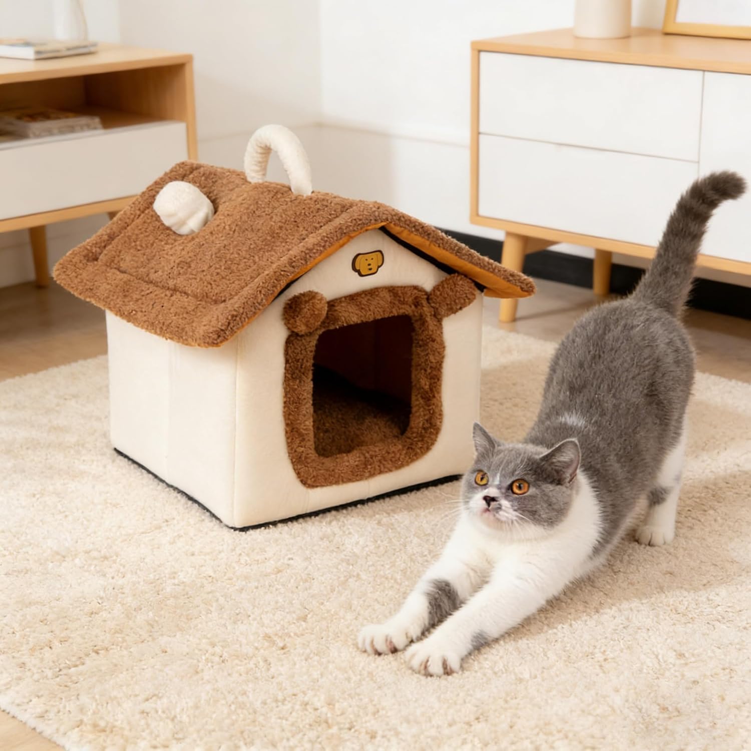 Lovely Cat Bed for Indoor Cats, Cartoon Pattern Cat Cave Bed with Handle Design, Soft Cat Hideaway Indoor Cat House for Kitten, Puppy & Small Pets (L)