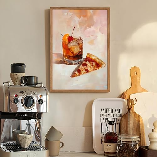 Miniatura 5 de Arte retro de pared de bar, decoración de pared de cocina funky de cóctel a la antigua moda con rebanada de pizza, póster divertido en lienzo