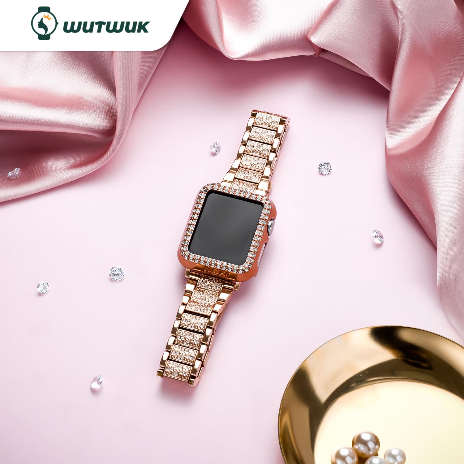 wutwuk Compatible with Apple Watch Straps Serie 11/10 46mm, Metal Sparkling iWatch Strap with Bling Case - Image 3