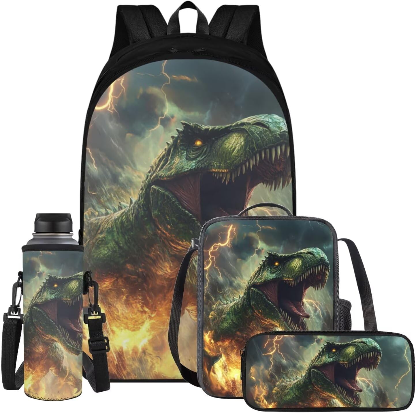 Dinosaur Elementary Backpack for Boys with Bottle Pocket 17 Inch Kids' Backpacks & Lunch Boxes and Pencil Case Two Compartments School Bags for Boys Bookbag 4 Pieces Set