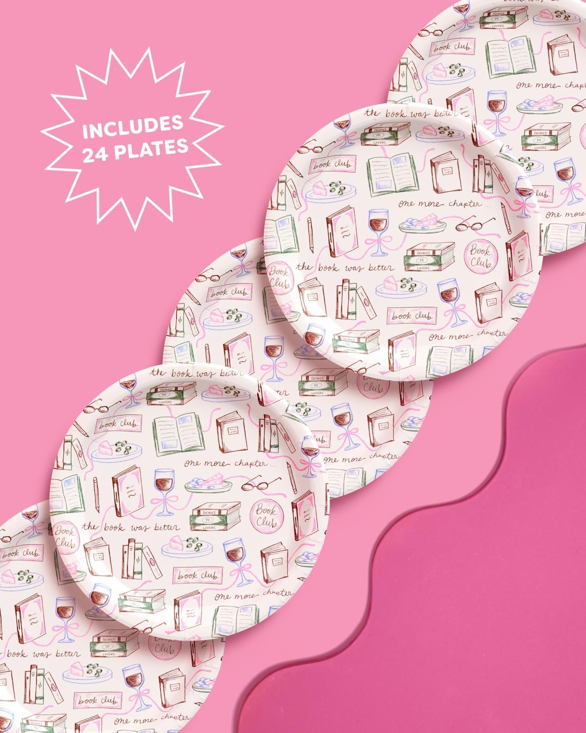 xo, Fetti Book Club Plates - 25 Paper Plates, 9" | Book Lover Party, Literary Theme, Girls Night, Reading Decor, Bookish, Matte, Illustrated