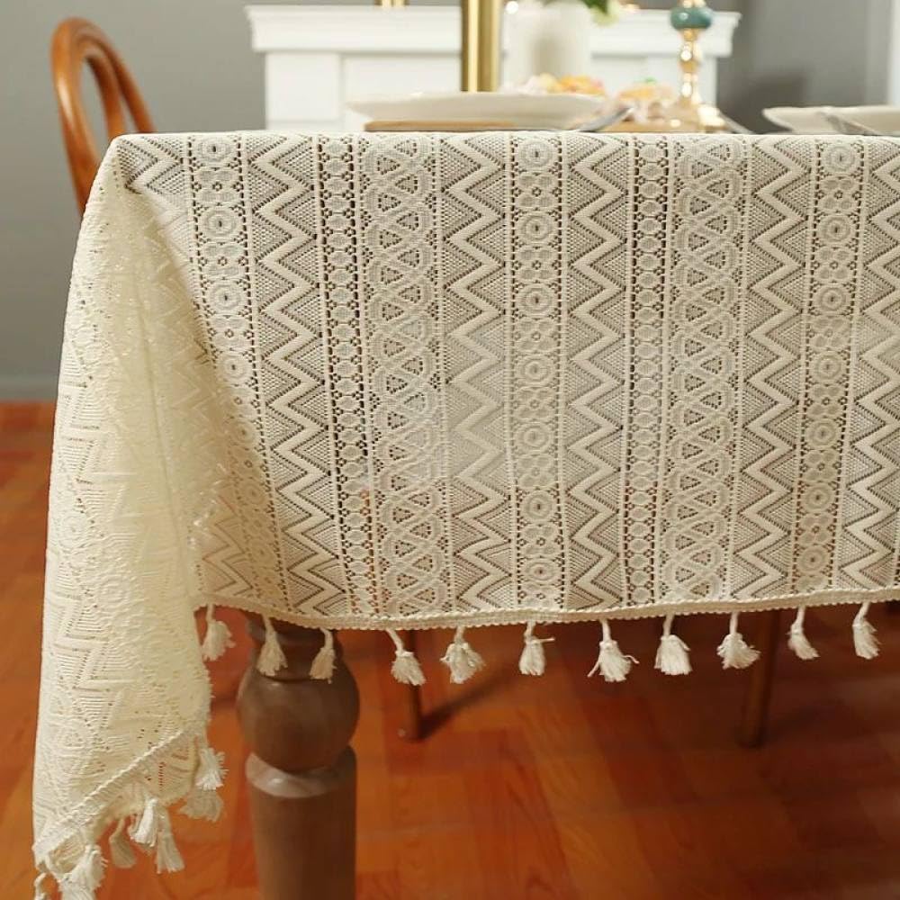 Nappe beige en dentelle rétro crochet 140x300cm pour déco de fête