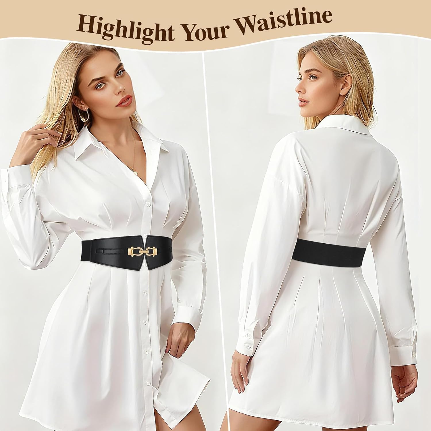 Wide Elastic Belts for Women Stretch Belt Gold Buckle Stretchy Waist Belts for Dresses Coats - Image 3