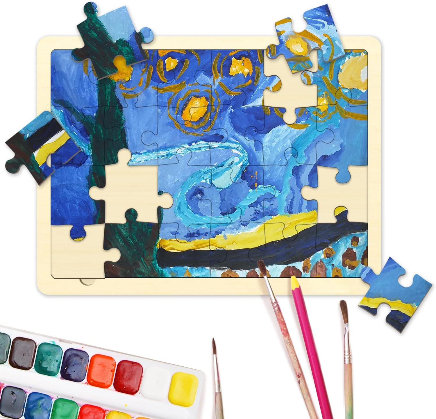 Blank Puzzle with 24 Pieces, Each Piece is Unique, Blank Wooden Jigsaw Puzzles with Tray for Crafts & DIY, Make Your Own Puzzle 11.7x8.8 Inches 1 Pack