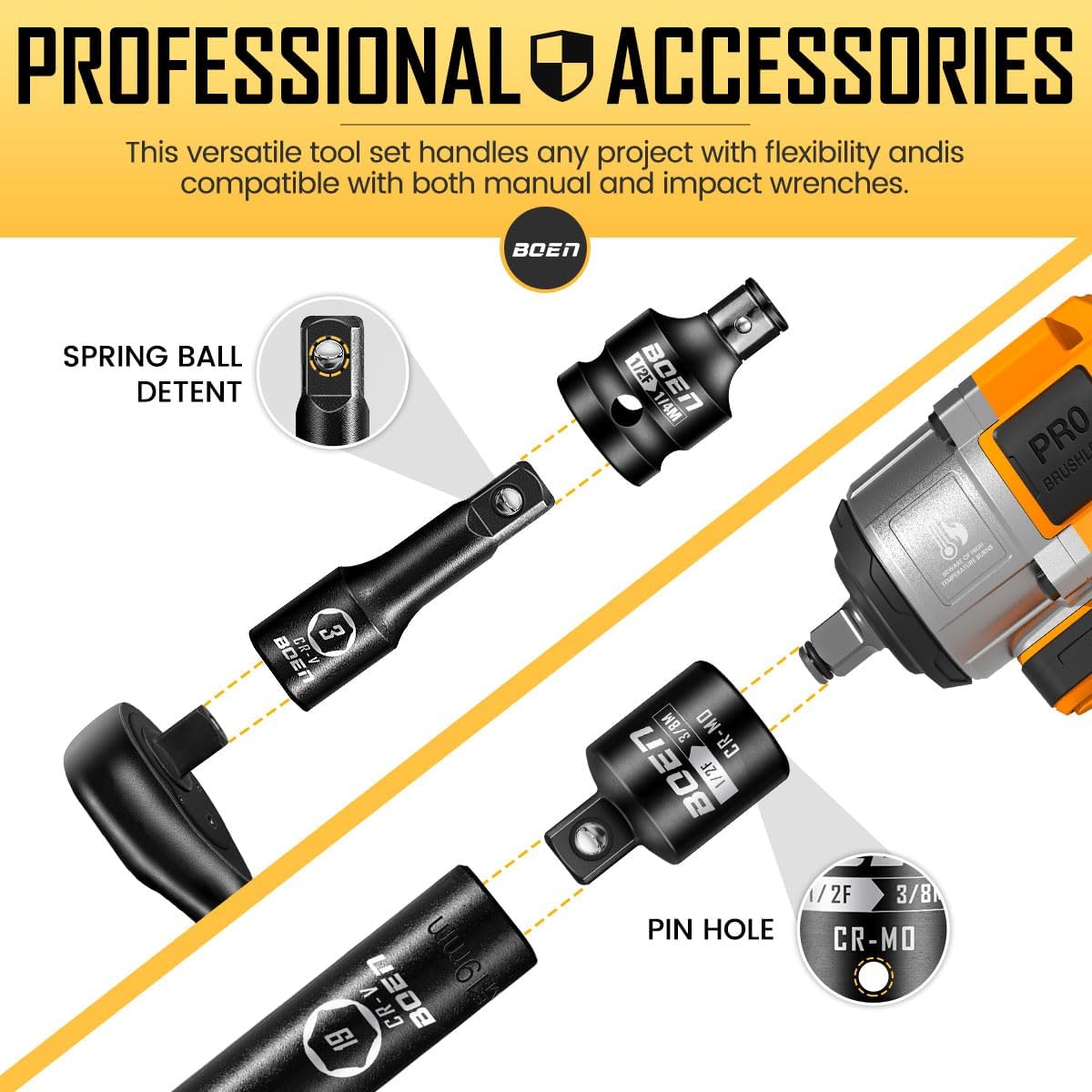 BOEN 21 Piece 1/4" & 3/8" & 1/2" Drive Tool Accessory Set, Includes Socket Adapters, Extension Bars, Swivel Universal Joints, Impact Bit Holders and 1/4" Hex Shank