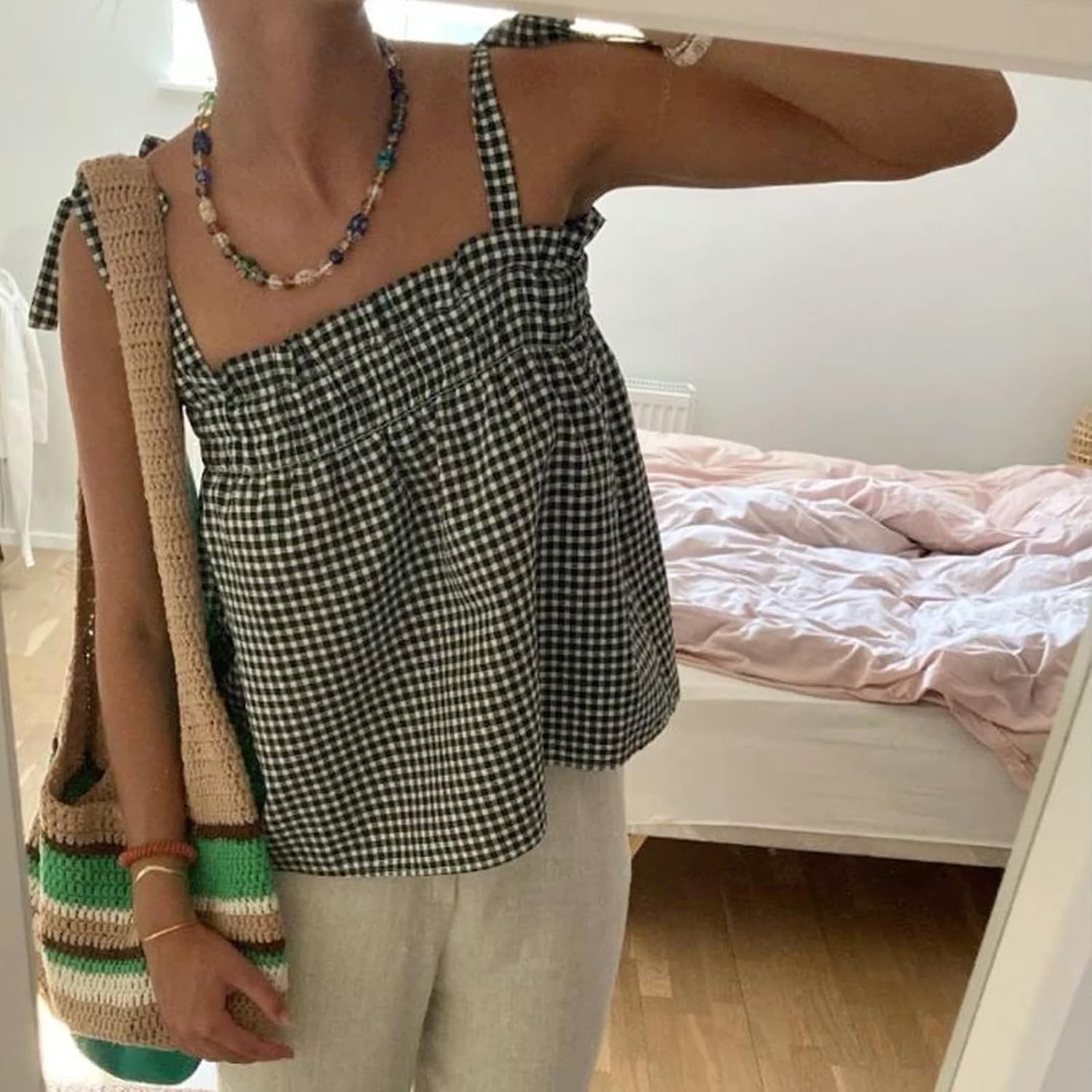 Women Y2k Gingham Tank Top Sleeveless Smocked Tank Tops Plaid Camisole Ruffle Hem Peplum Tops Summer Streetwear Black, Small - Image 6