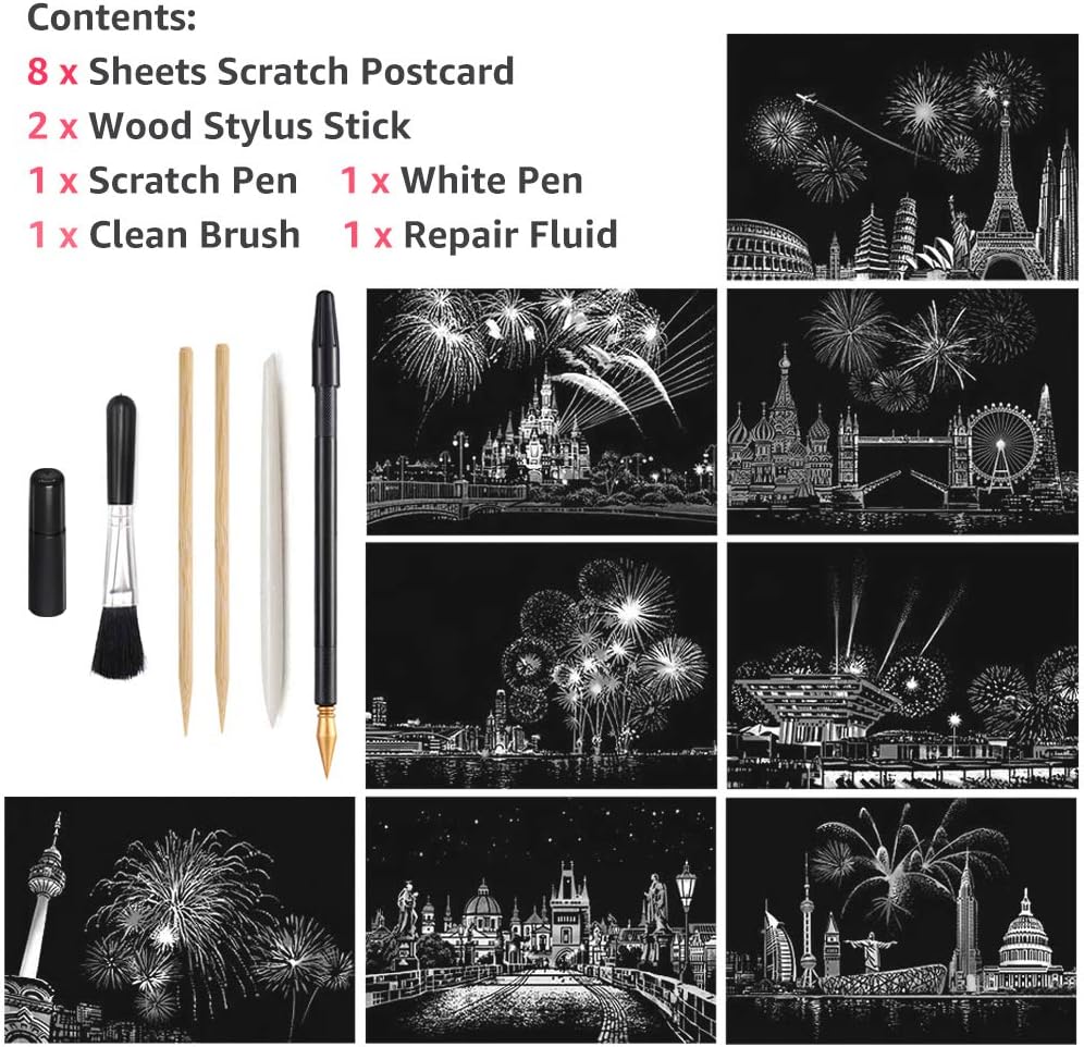 Scratch Art Paper, Rainbow Night View Scratchboard Pads for Adults and Teens, Mini Envelope Postcard Art & Crafts Set: 8 Sheets Scratch Cards & Drawing Pen, Clean Brush 7.9"x5.5"(Fireworks/Building)
