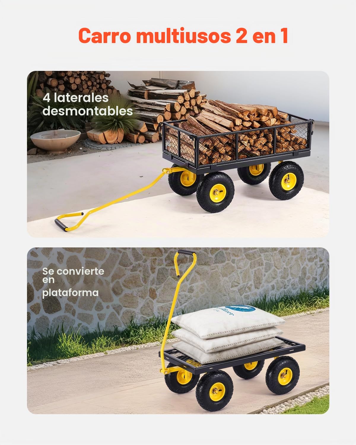 VEVOR Carrito Resistente de Jardín de Acero de 1700 x 480 x 515 mm con Neumáticos de 10", Laterales de Malla Extraíbles y Manija Giratoria de 180°, Capacidad de Carga de 226,80 kg, Amarillo y Negro