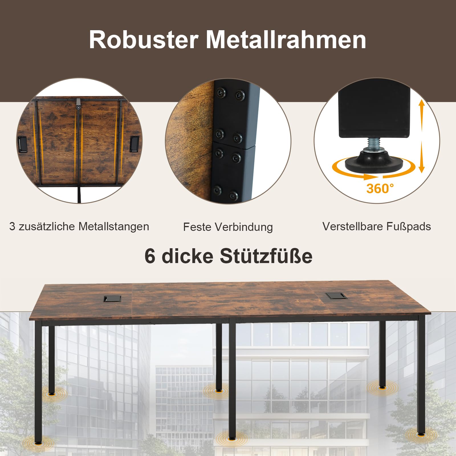 GYMAX Konferenztisch 240 x 120 cm, Bürotisch für 8-10 Personen, Langer Arbeitstisch mit robustem Metallrahmen & 2 Kabeldurchführungen, Computertisch Esstisch für Home, Konferenzraum